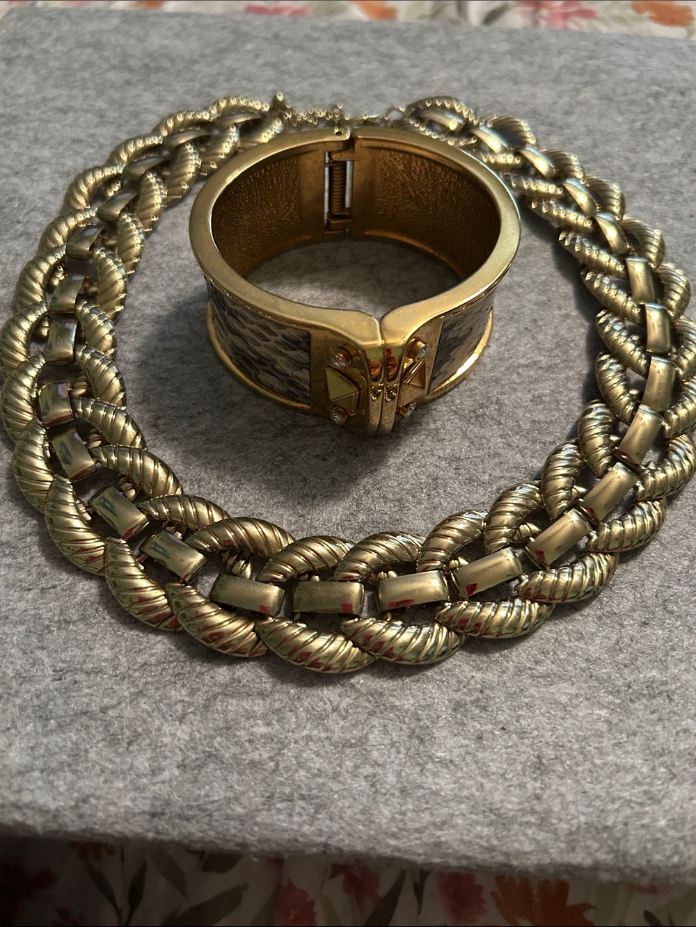 Gold Tone Braided Necklace and Wide Snake Print Clamper Bracelet Set